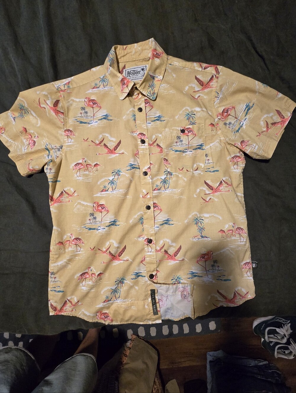 Howler Brothers "The Original Mansfield" Shirt | Yellow Flamingo Tropical Print